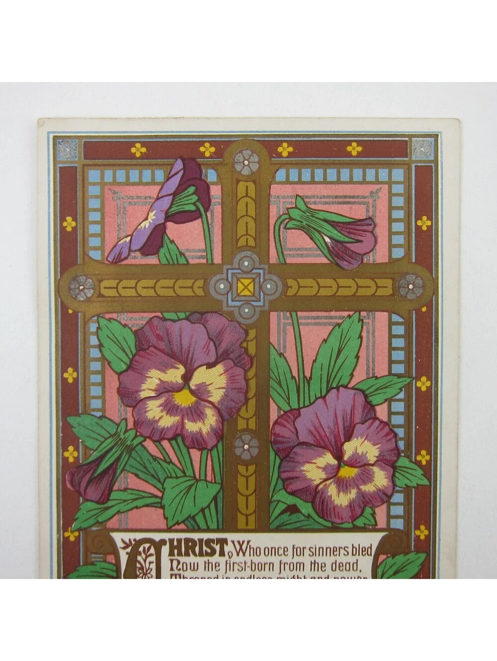 Victorian Greeting Card Easter Purple & Yellow Pansy Flowers Gold Cross Antique